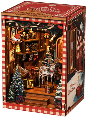 Ferdig Mini Snøriket Book Nook med LED-lys, reinsdyr og julepynt