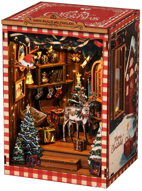 Ferdig Mini Snøriket Book Nook med LED-lys, reinsdyr og julepynt