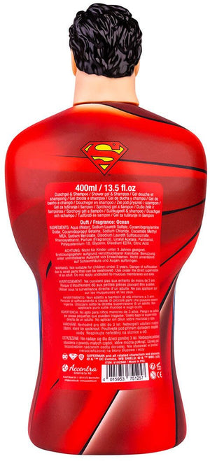 Skrått sidebilde av Superman dusjgelé og sjampo 2 i 1 med blå superheltdrakt og rød kappe.