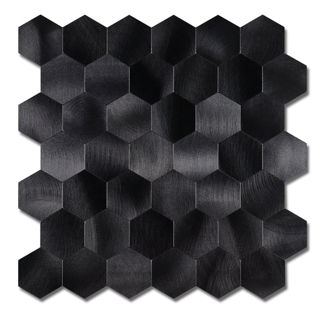 Midnatt Hexagon selvklebende veggfliser med mørk overflate.
