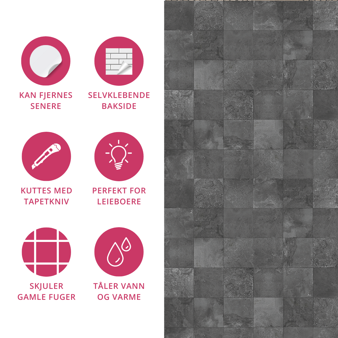 Exempel: Bodø mörkgrå självhäftande kakelplattor