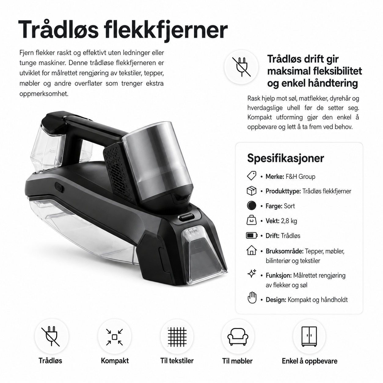 Trådløs flekkfjerner med oversikt over funksjoner og produktspesifikasjoner