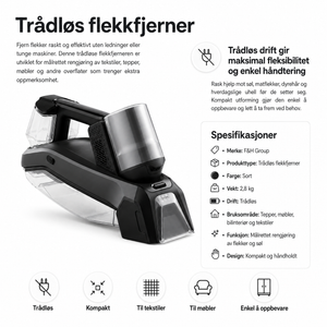 Trådløs flekkfjerner med oversikt over funksjoner og produktspesifikasjoner