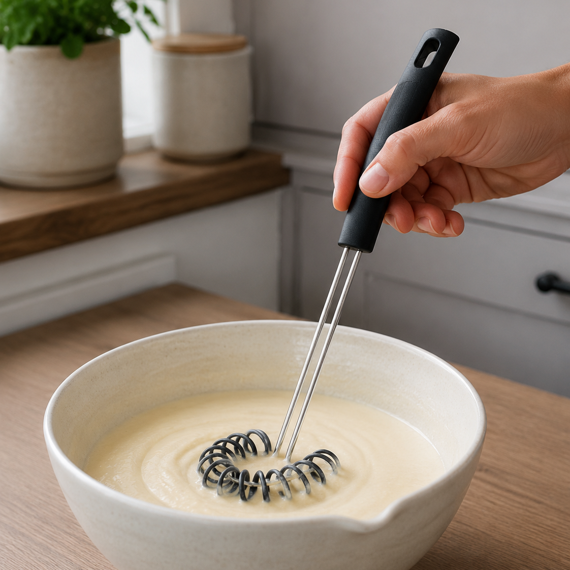 En praktisk og genial visp med ergonomisk grep. 