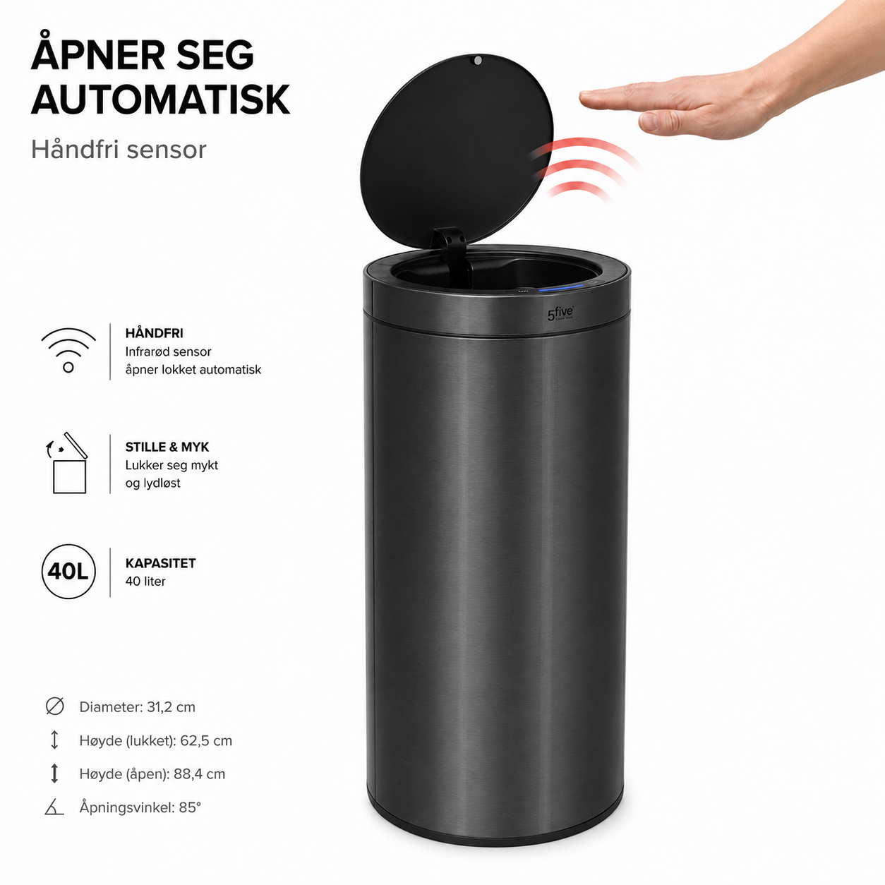 Automatisk sensorpapperskorg med infraröd sensor som öppnar locket när hånden närmar sig.