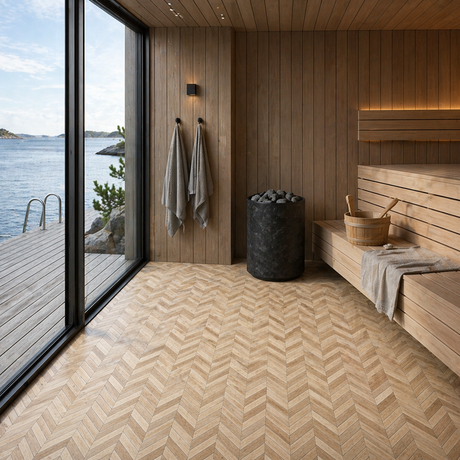 Detalj av selvklebende flis med naturtro eikemønster