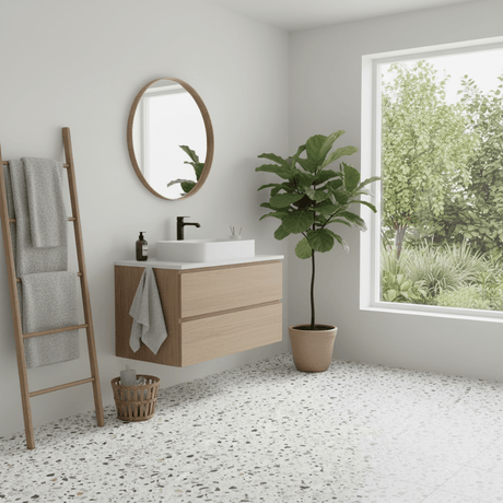 Sirocco Soft Terrazzo gulvfliser brukt på bad med lyst og moderne uttrykk. - Lindas dekor