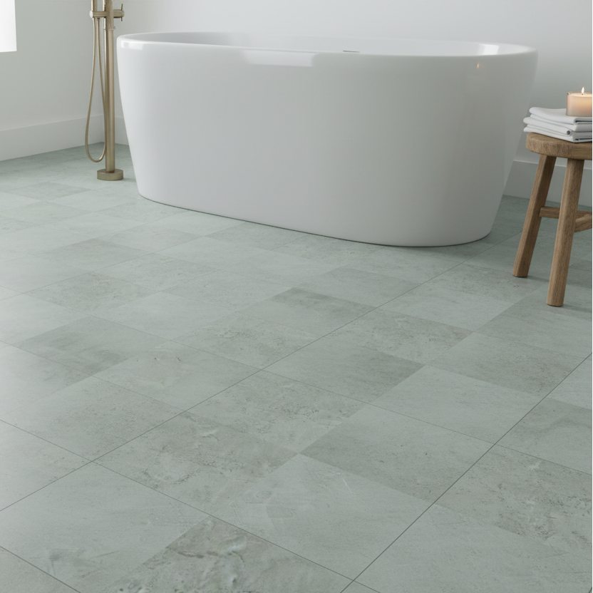 Selvklebende fliser Amsterdam grønn betonglook lagt på gulv