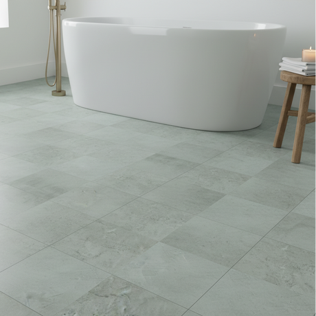 Selvklebende fliser Amsterdam grønn betonglook lagt på gulv