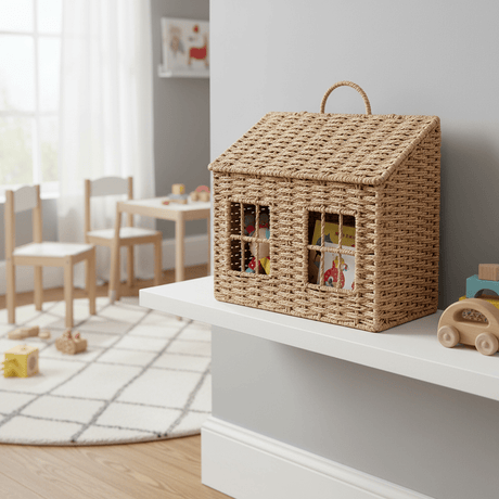 Oppbevaringskurv hus med lokk i flett 35 x 15 x 30 cm - Lindas Dekor Oppbevaringskurv