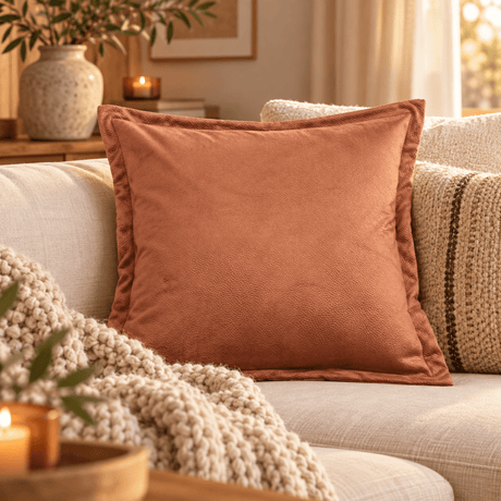 Amberfarget putetrekk i skinnlook 50 x 50 cm i lys sofa med strikket pledd og lun innredning