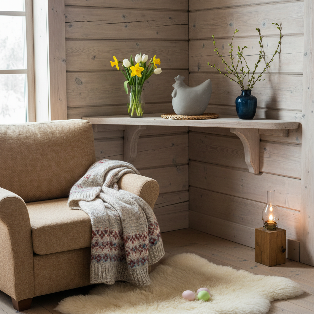 DBKD betonghøne som borddekorasjon til påske med bjørkekvister og stearinlys i hytte.

