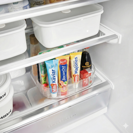 Roterende oppbevaringsbrett i hvit plast med ulike matvarer plassert på.