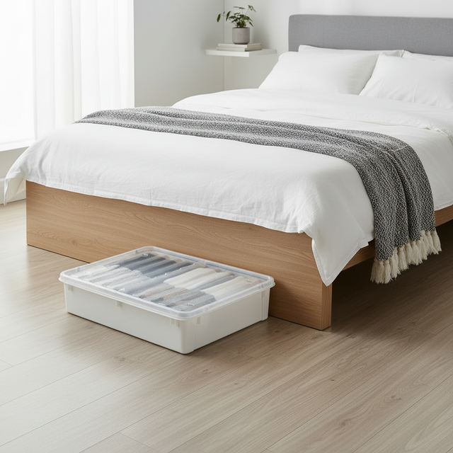 Transparent plastboks med hjul for oppbevaring i soverom