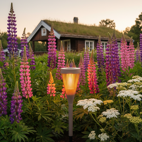Brun solcellelys, lupiner, nepeblomst