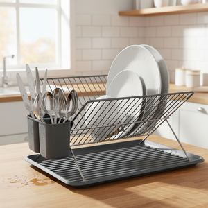 oppvask organisert i stativ med glass og tallerkener