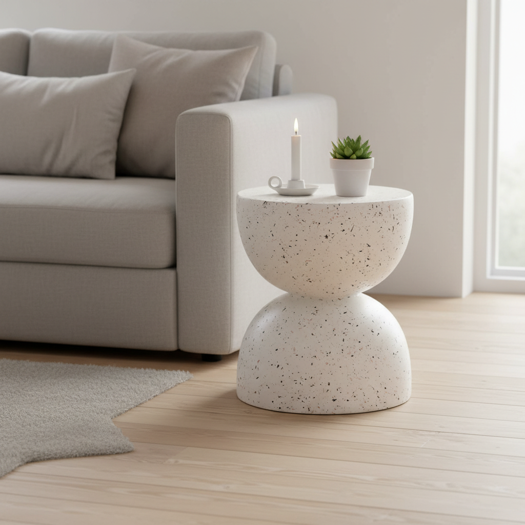 Bonita sidebord i off white med terrazzo look på hvit bakgrunn