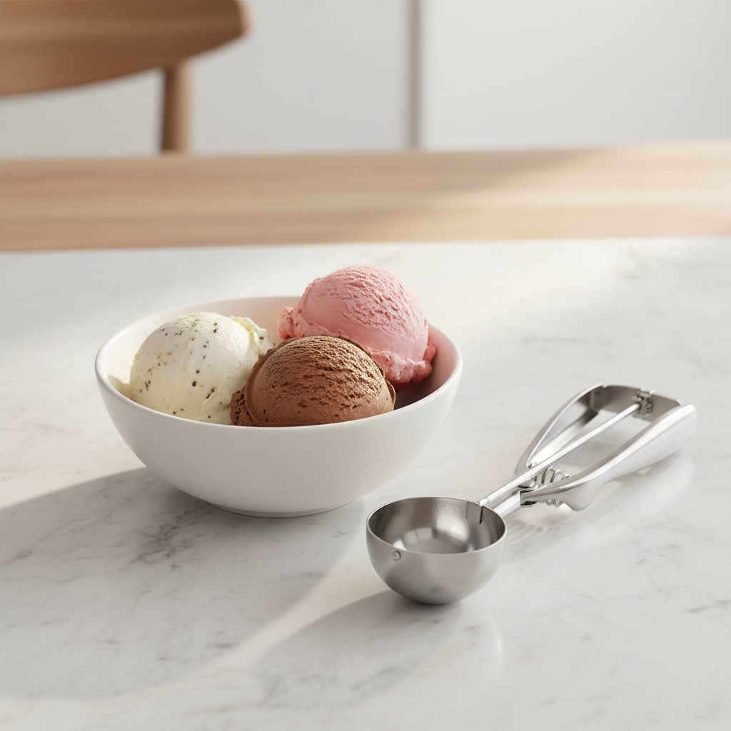 detaljbilde av rund isskje med håndtak i metall