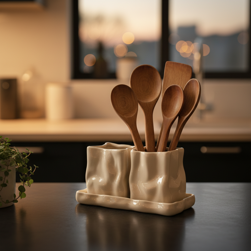 Keramisk fat med to potter i cremefarge for borddekking og oppbevaring