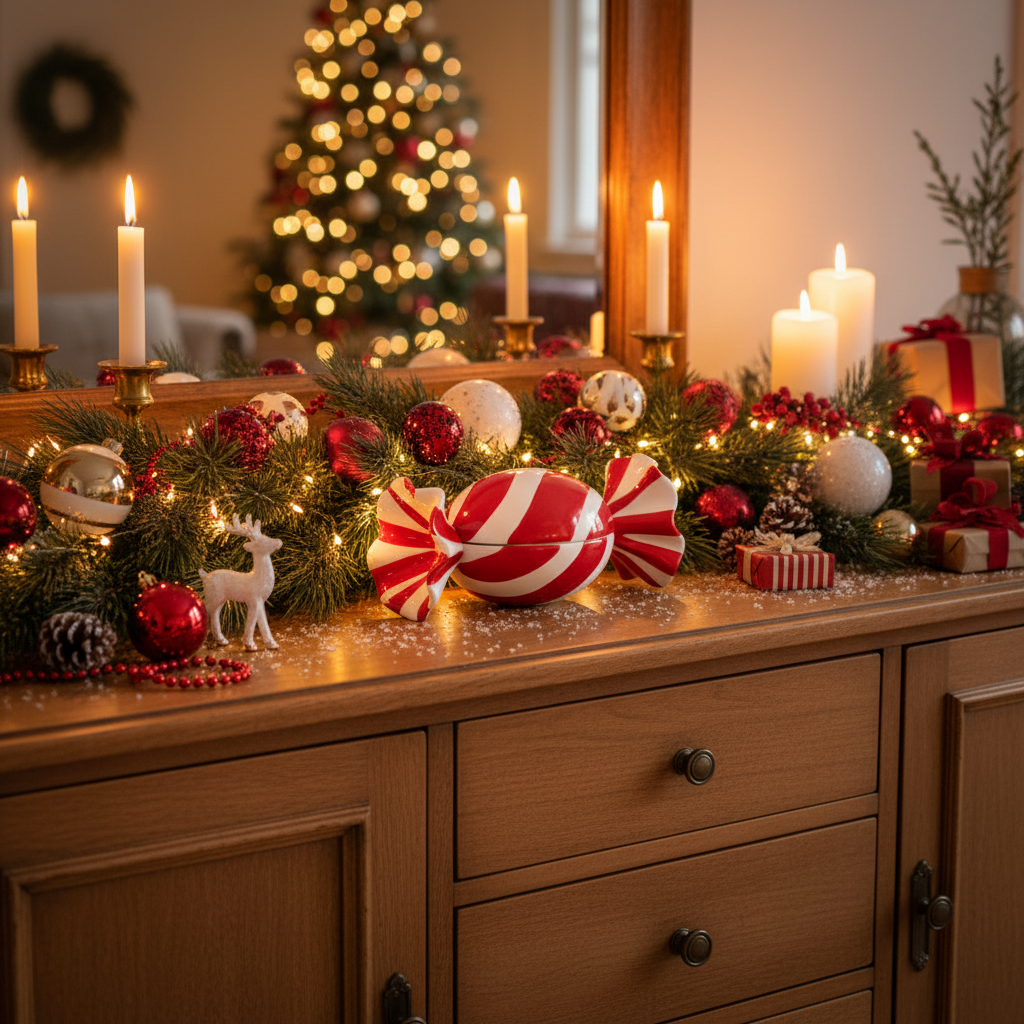 Rød og hvit keramisk julekrukke på julepyntet skjenk med grangirlander, julekuler, stearinlys og lysdekorasjoner i varm julekos
