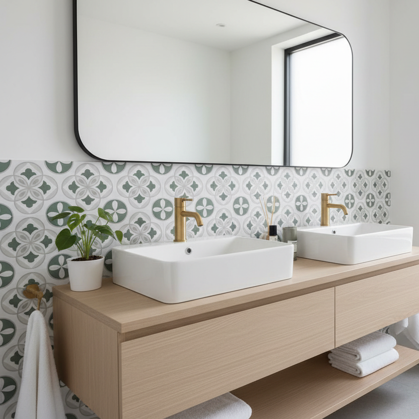 Clara grønn selvklebende fliser som baderomsvegg bak dobbel servant med gullkraner og hvite håndklær