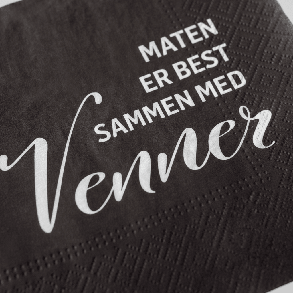 Mørkebrune servietter med teksten Maten er best sammen med venner