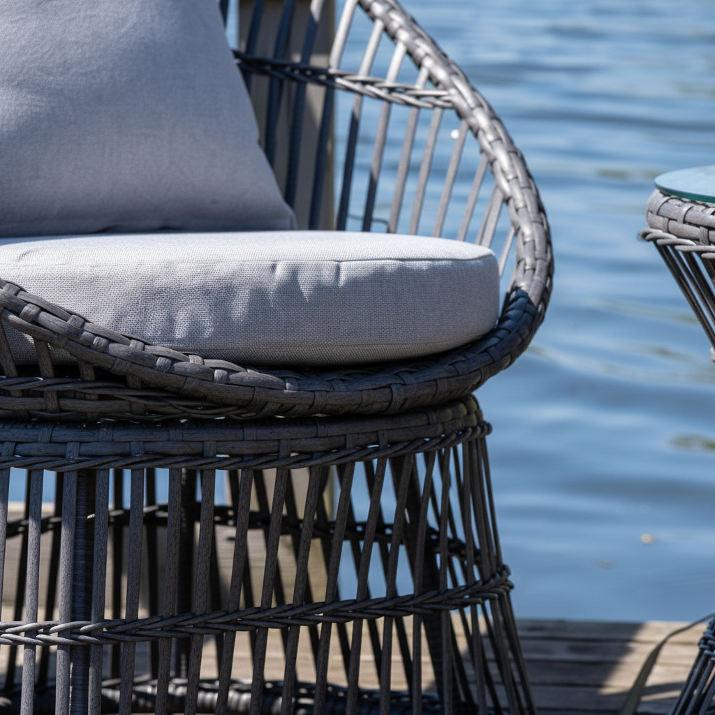 Kompakt loungegruppe til balkong med grå fletting og lyse puter