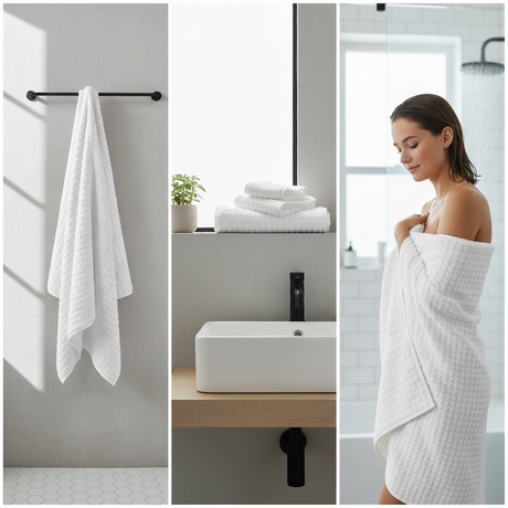 Stort håndkle i hvit bomull til bad og dusj