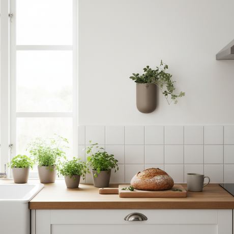 DBKD Cut veggpotte på kjøkkenvegg med friske urter i skandinavisk kjøkken