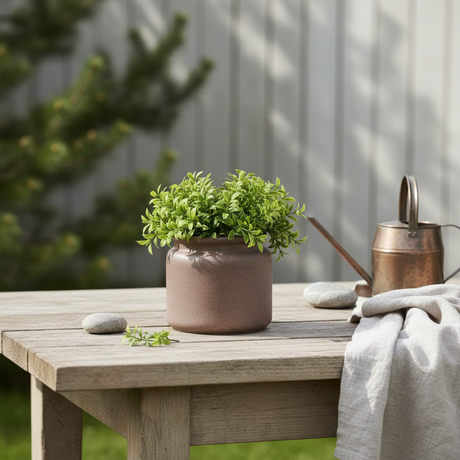 Brun DBKD Pure keramikkpotte diameter 16 cm med grønn plante i moderne nordisk stil.

