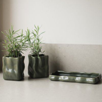 Herb Moss urtepottesett i grønn keramikk med to potter og fat