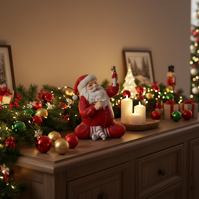 Dekorativ rød nissefigur på julepyntet skjenk med grangirlander, julekuler, stearinlys og lysdekorasjoner i varm julekos
