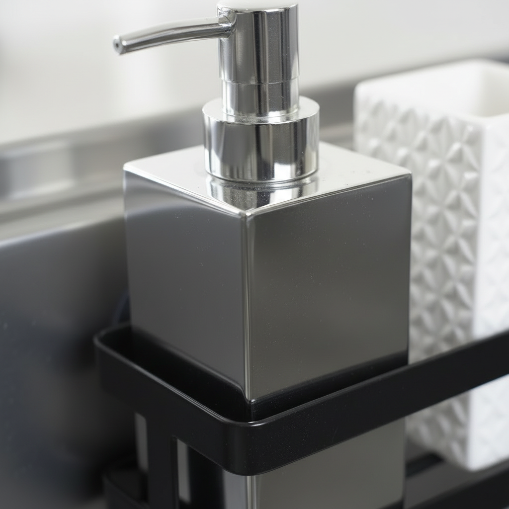 Organizer i svart stål til oppvaskmiddel og svamp ved vasken