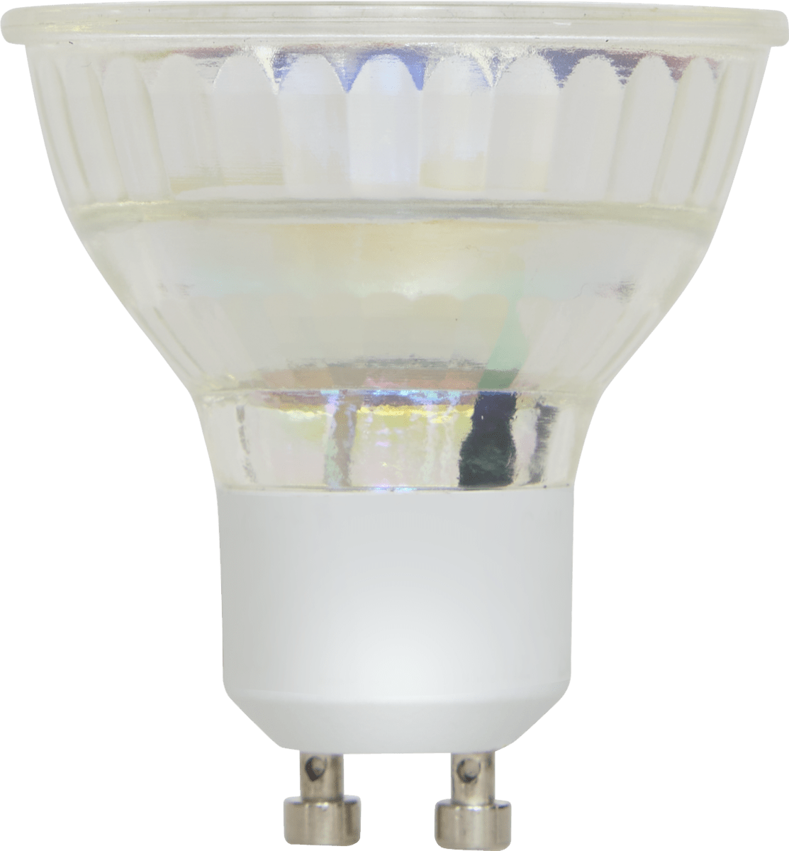 GU10 LED-pære 4,5 W med glassreflektor och sockel, visad från sidan på vit bakgrund