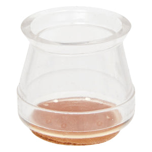 Nærbilde av transparent stolbenbeskytter med brun filtsåle for runde stolben.