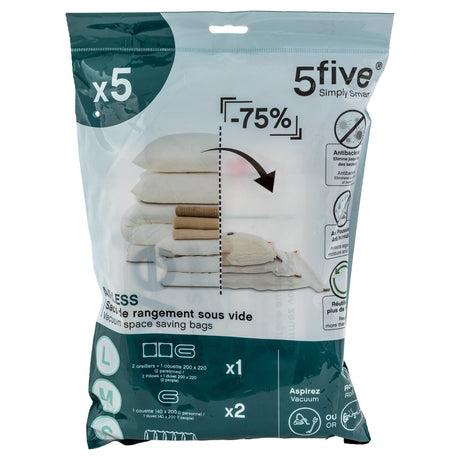5 pk vakuumposer fra 5Five Simply Smart vist med komprimerede tekstiler til plassbesparende opbevaring.