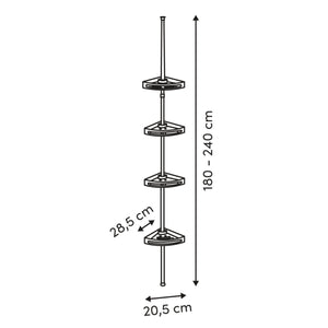 Måletegning af sort dusjhylle med højde på 180–240 cm, hyllebredde på 28,5 cm og fodbredde på 20,5 cm.