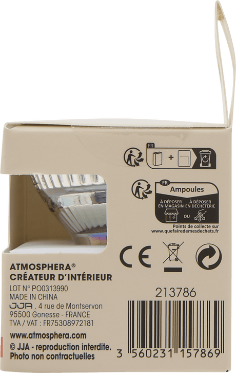 Bakside av emballasje til GU10 LED pære 4,5 W med tekniske spesifikasjoner og symboler