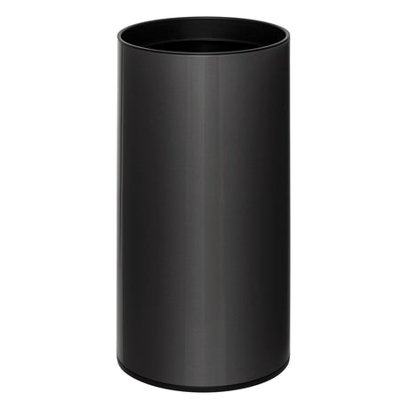 Svart sensorburk 40 liter, visad från sidan, med cylindrisk design i rostfritt stål.