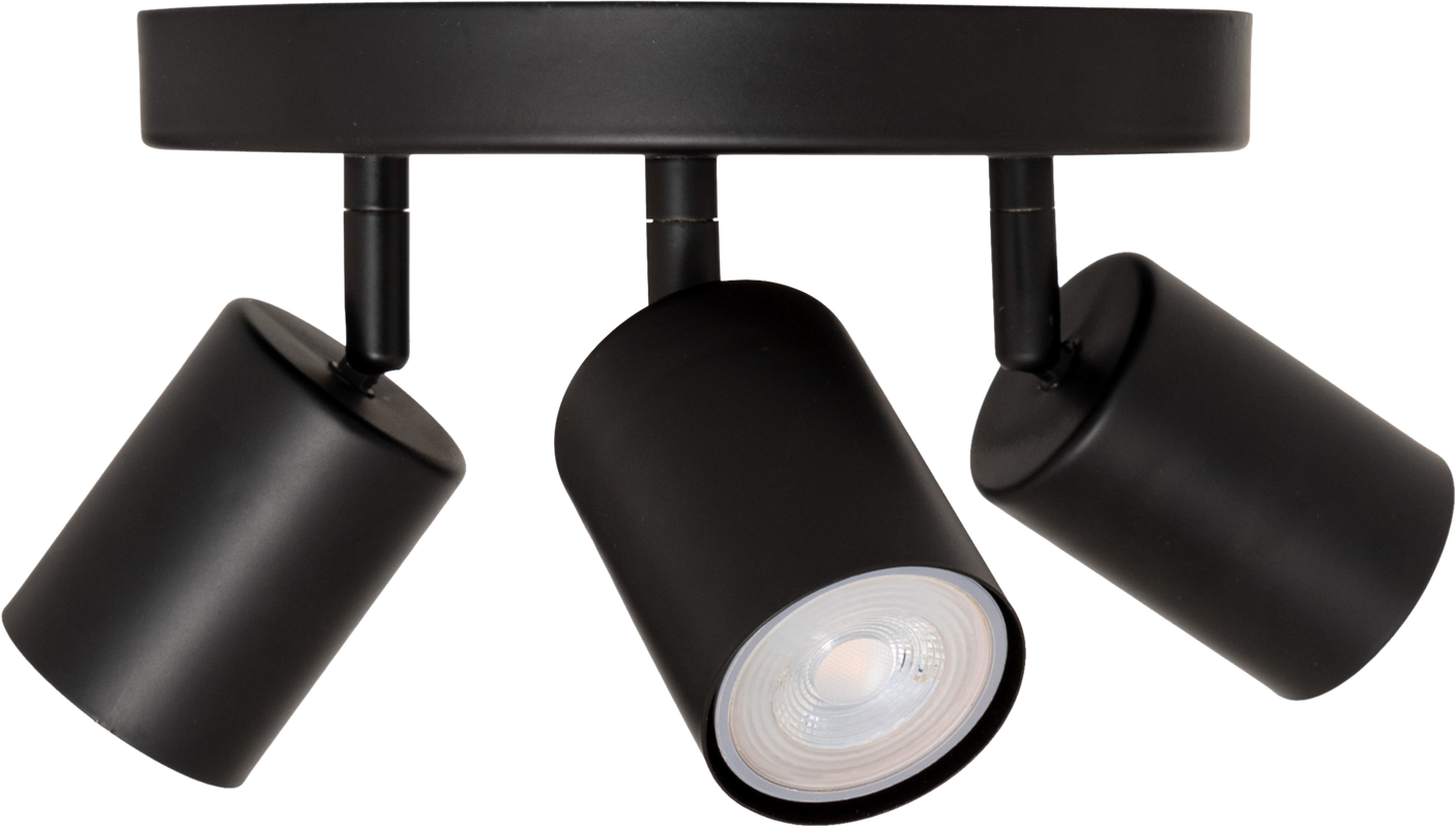 Vico plafond i sort med tre bevegelige spotlights sett skrått forfra