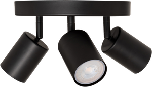 Vico plafond i sort med tre bevegelige spotlights sett skrått forfra