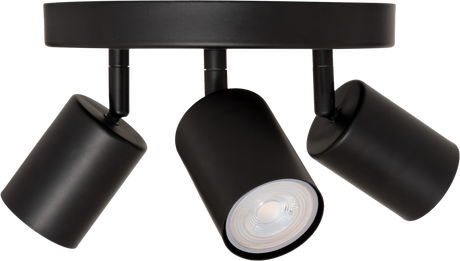 Vico plafond i sort med tre bevegelige spotlights sett skrått forfra