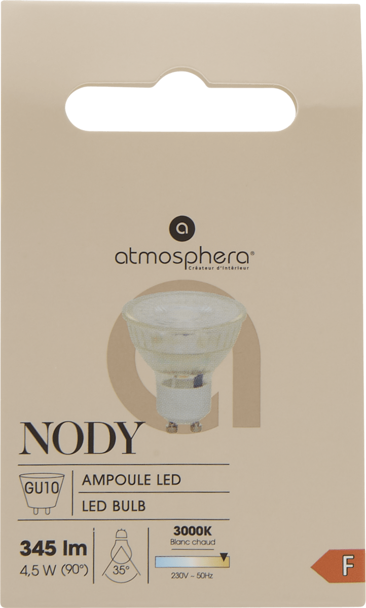 GU10 LED-pär 4,5 W i originalförpackning med information om 345 lumen och varmvitt ljus