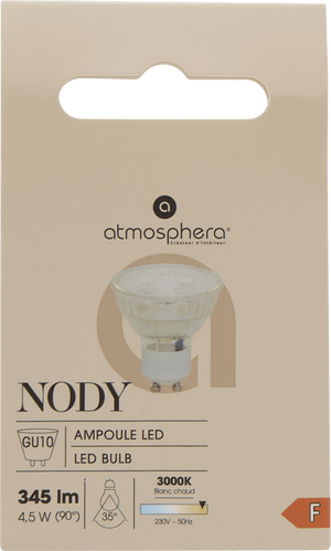GU10 LED-pär 4,5 W i originalförpackning med information om 345 lumen och varmvitt ljus