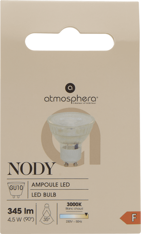 GU10 LED pære 4,5 W i original emballasje med informasjon om 345 lumen og varmhvitt lys