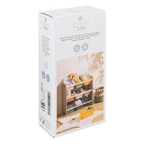 Oppbevaringsreol for barn med 9 kurver vist i original emballasje.