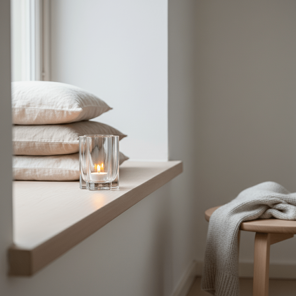 Klar lyslykt i ribbad glas på en hylla med textilier och dekor i lyst nordiskt interiör.
