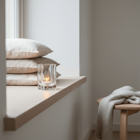 Klar lyslykt i ribbad glas på en hylla med textilier och dekor i lyst nordiskt interiör.