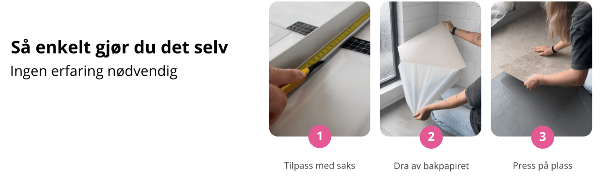Enkel installasjon av selvklebende fliser til gulv vist i tre trinn med tilpasning, påføring og pressing for perfekt resultat