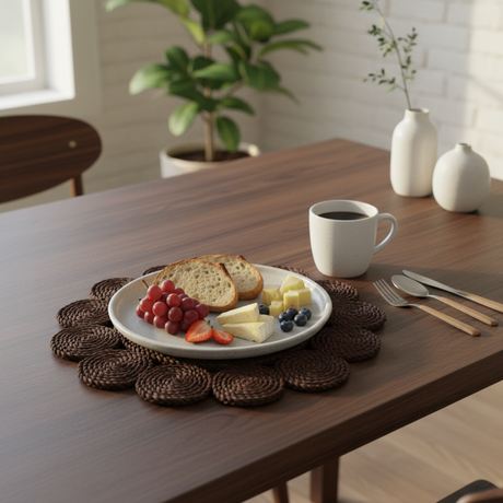 Nærbilde av håndlaget blomsterformet bordbrikke i siv med elegant keramikktallerken og dessert, nordisk borddekning

